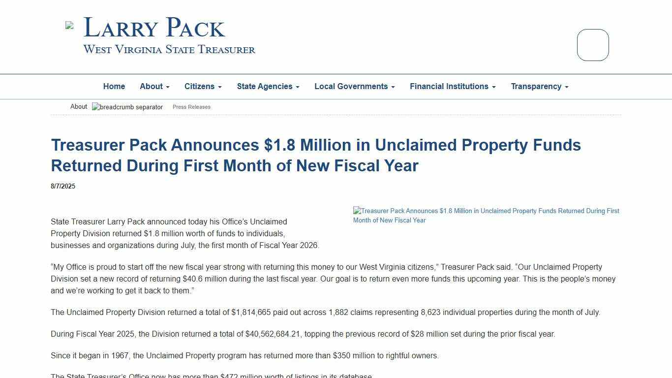 8/7/2025 - Treasurer Pack Announces $1.8 Million in Unclaimed Property Funds Returned During First Month of New Fiscal YearPress Releases